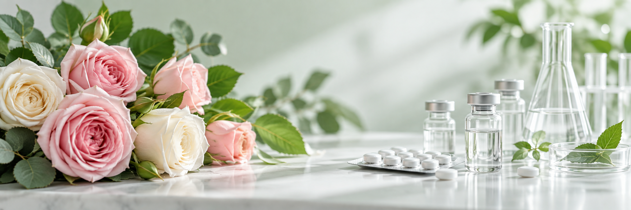 Rosas rosadas y blancas junto a frascos farmacéuticos y material de laboratorio