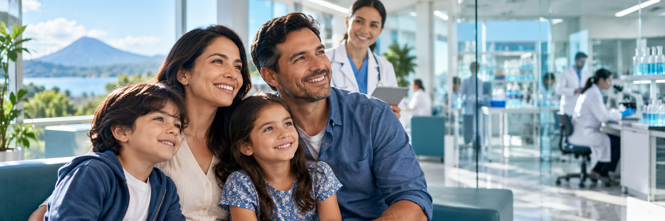 Familia centroamericana en un entorno de salud y ciencia farmacéutica
