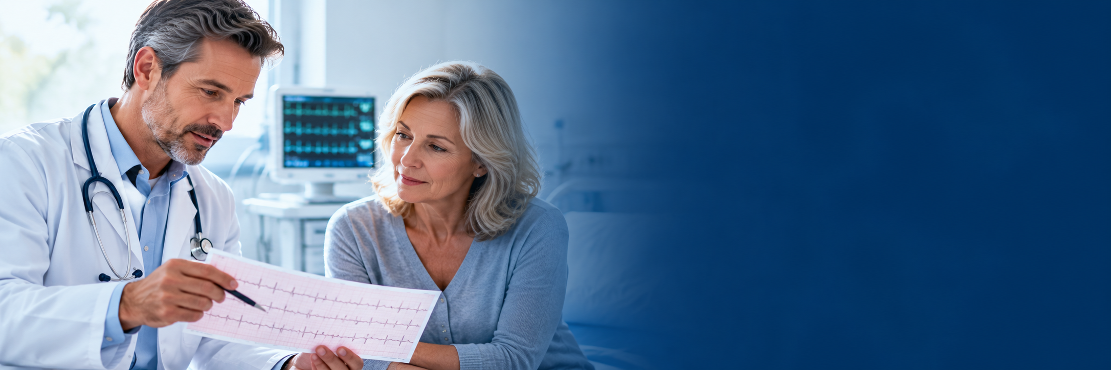 Un cardiólogo revisa un electrocardiograma con una paciente