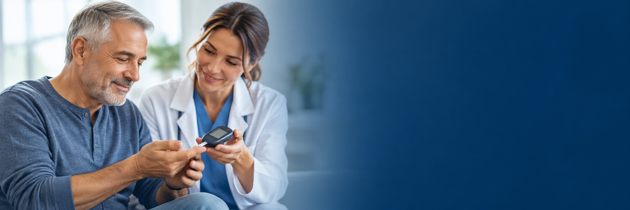 Paciente y profesional de salud revisan un glucómetro
