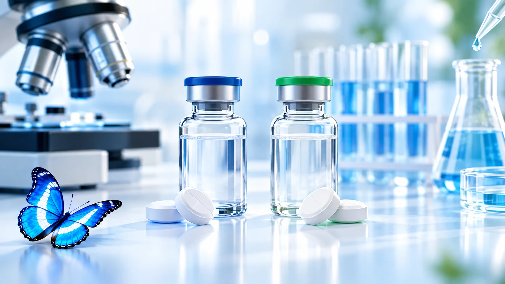 Comparación científica de medicamentos con la mariposa azul de Biocross